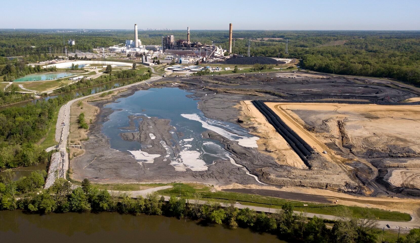 Overhead shot of power plant and coal ash