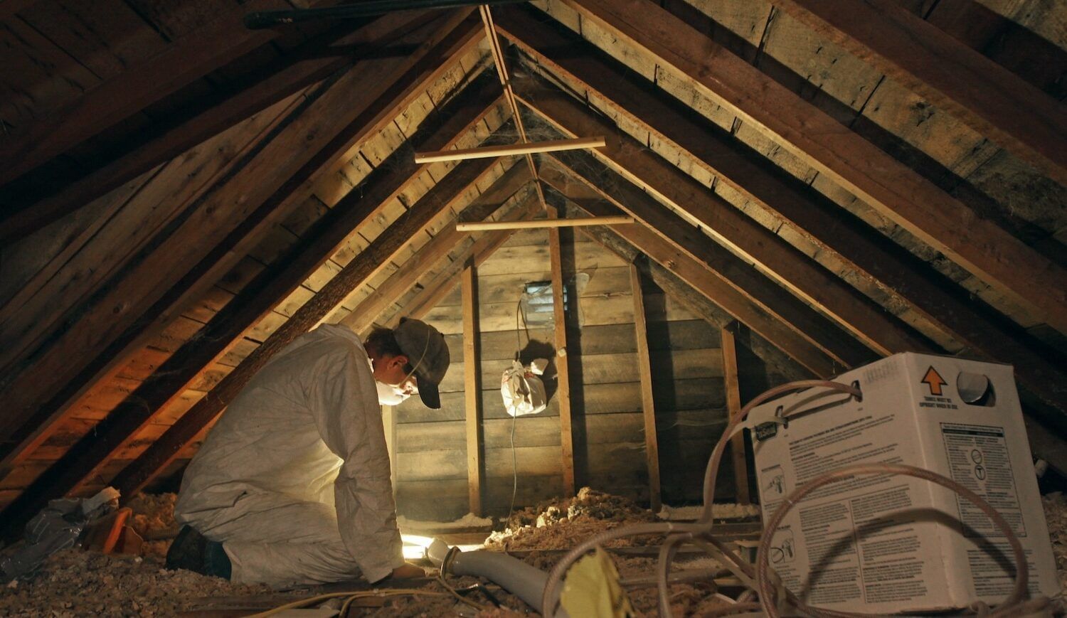 Person in white jumpsuit and mask kneels in an attic with a hose and insulation material
