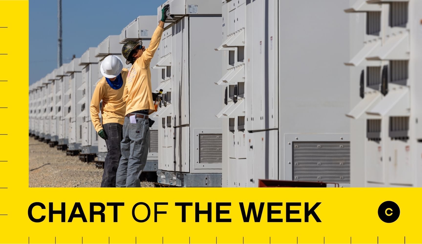 two workers with hardhats stand next to a long row of gray energy storage batteries; graphic overlay says chart of the week