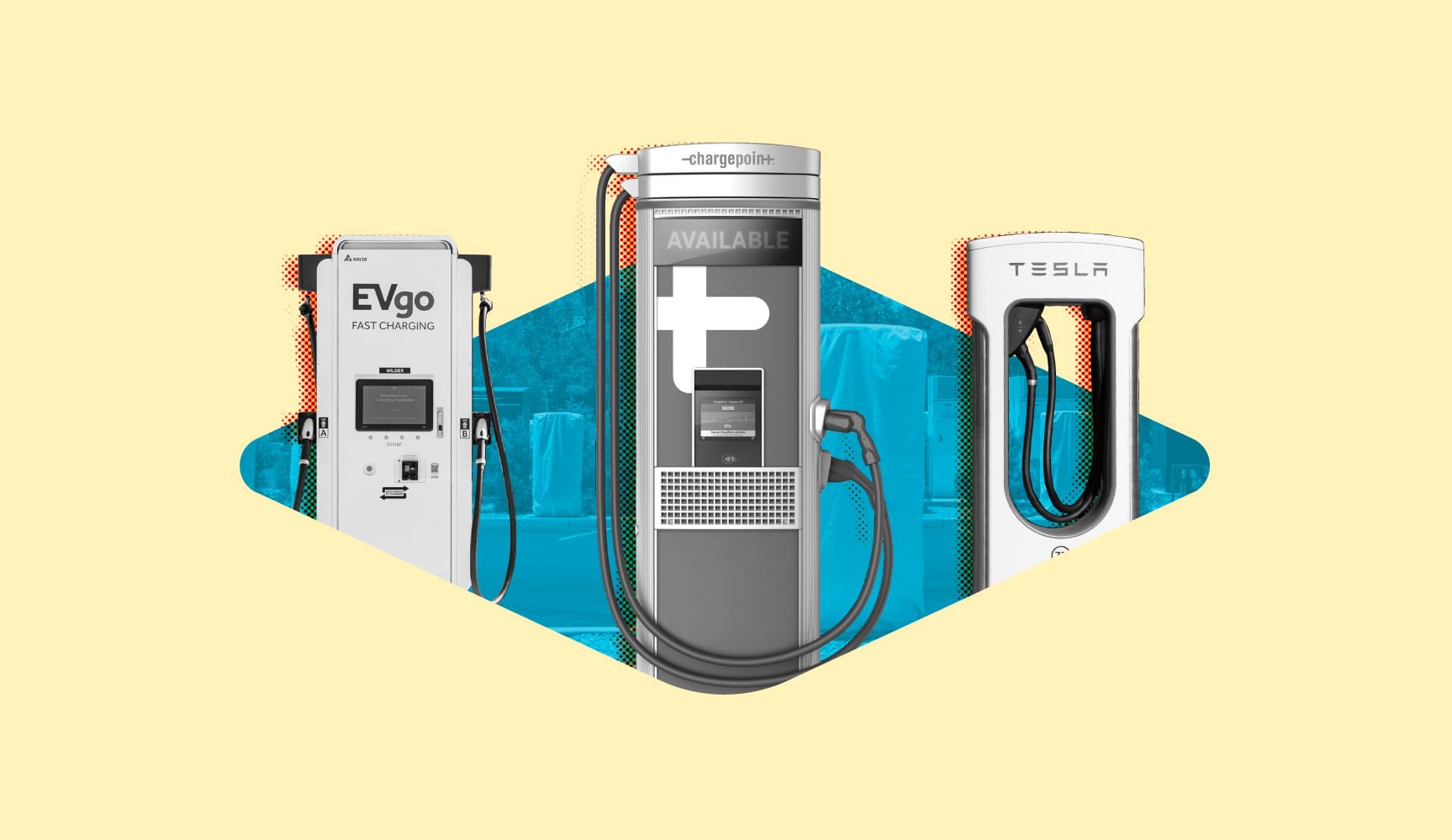 Photo illustration of three EV chargers on a yellow background with a blue triangle