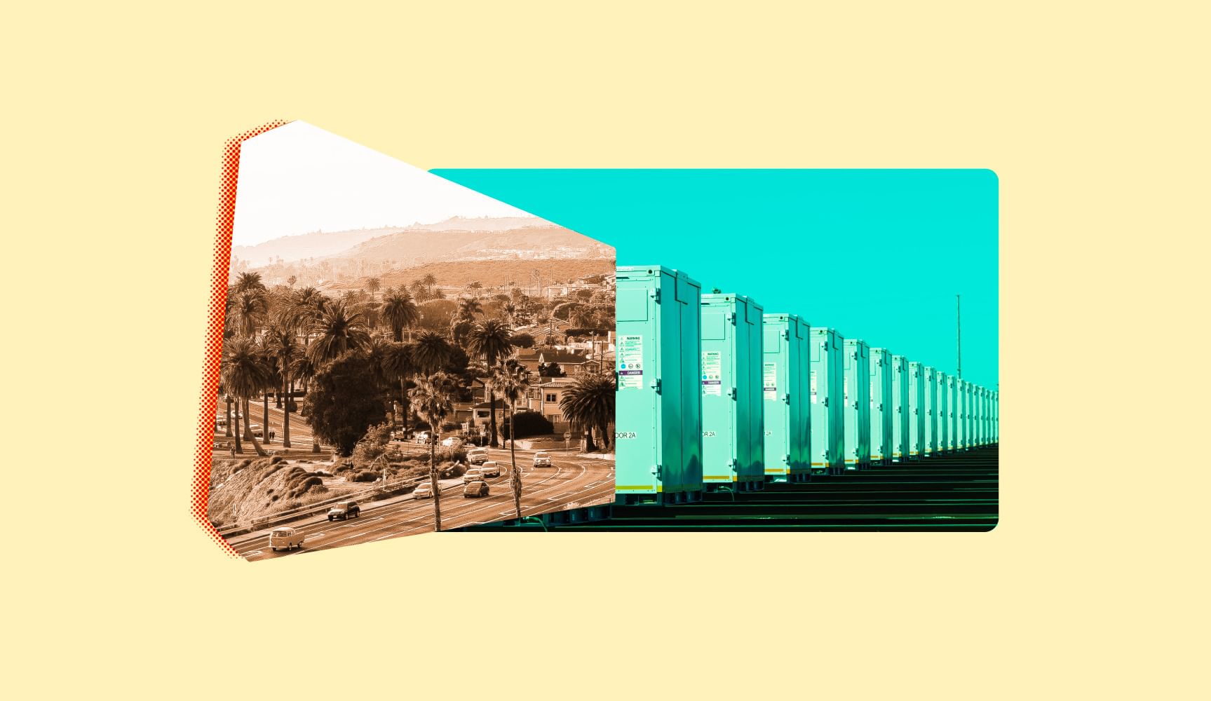 collage with grid batteries and California landscape