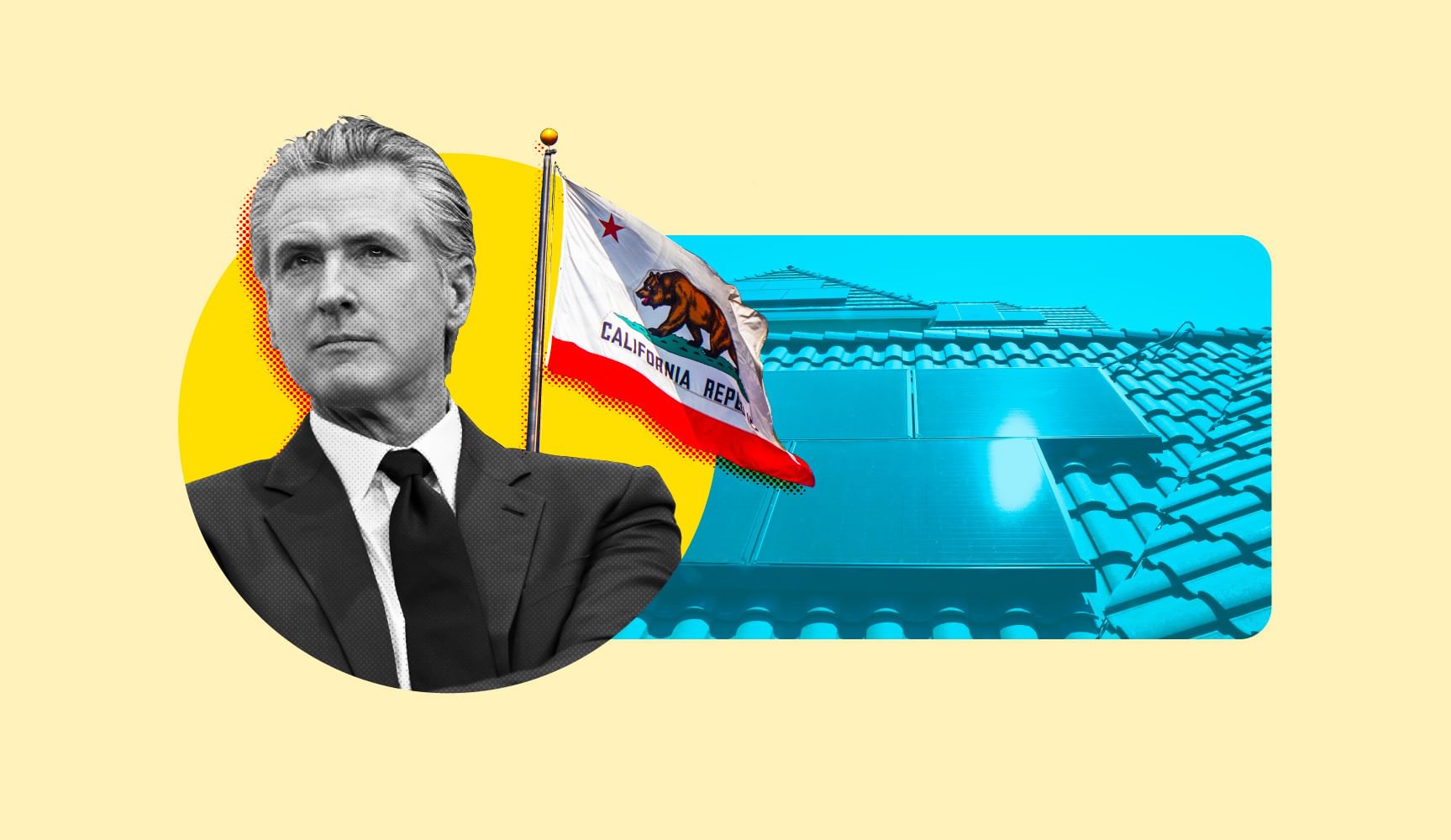 Photo illustration with Gavin Newsom and the California flag with yellow background, rooftop solar on blue background