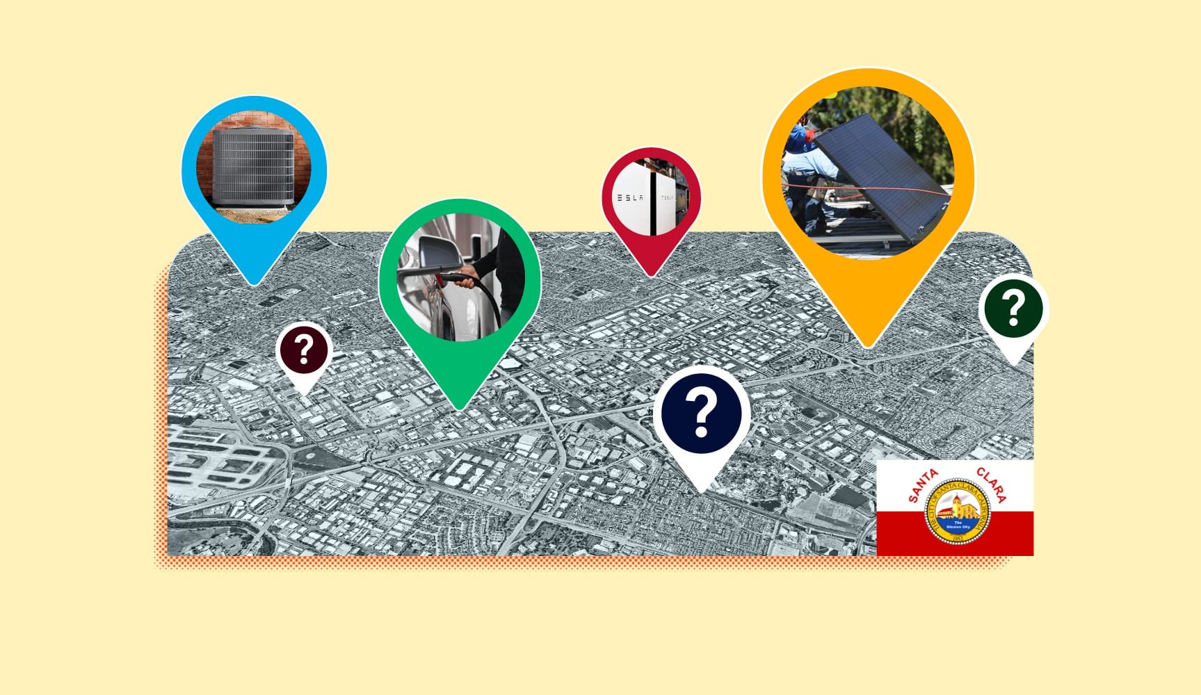Black-and-white overview map of Santa Clara with images of a heat pump, EV charger, Tesla battery, solar panel, city flag