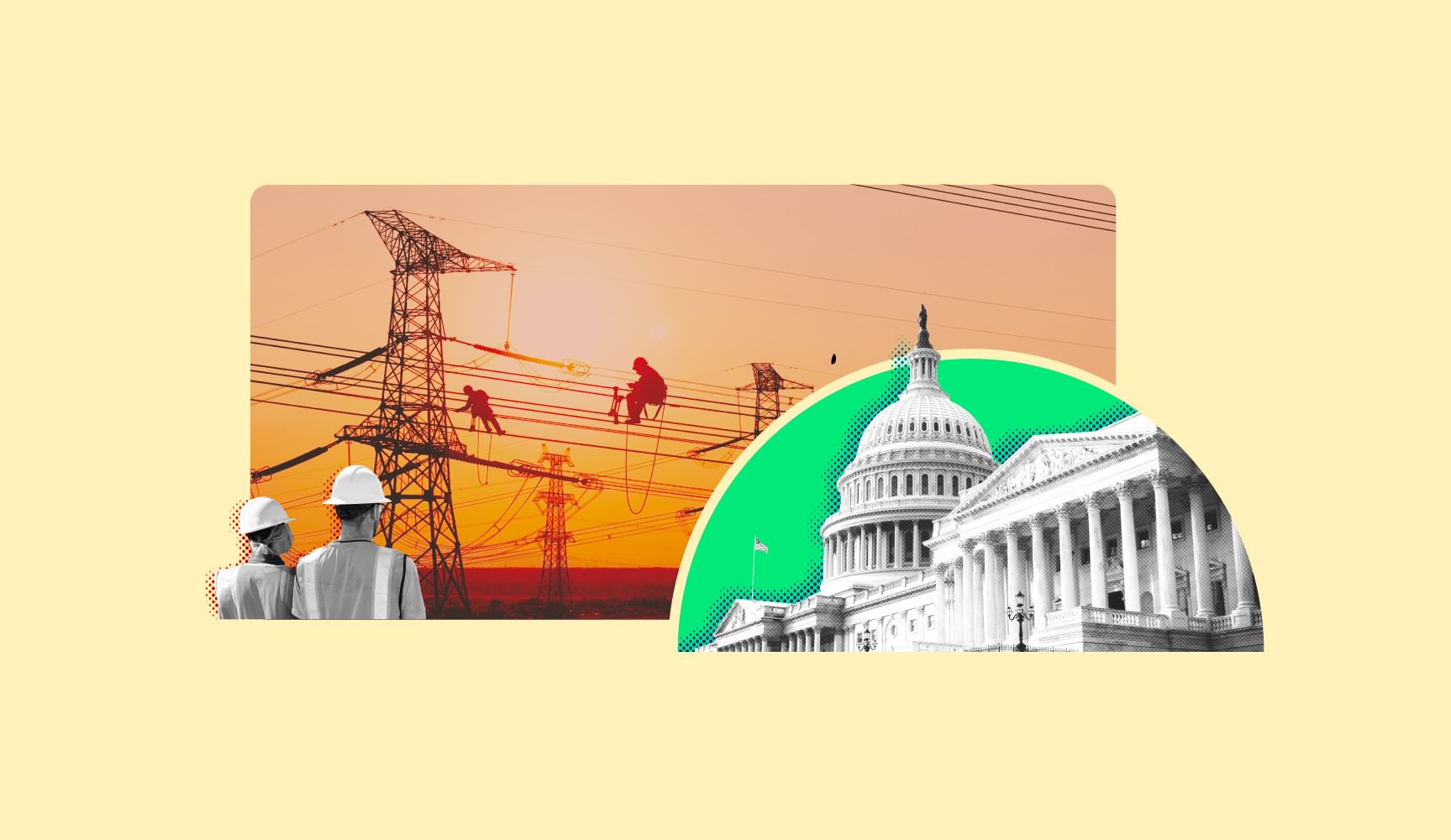 Image with utility workers, some on transmission wires, and a white statehouse on a green background