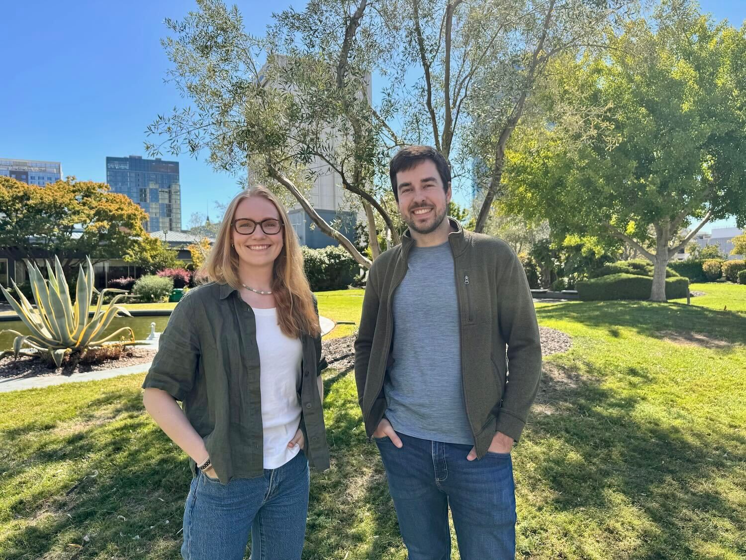 Pauliina Meskanen and Nate Weger standing outdoors in Oakland, California