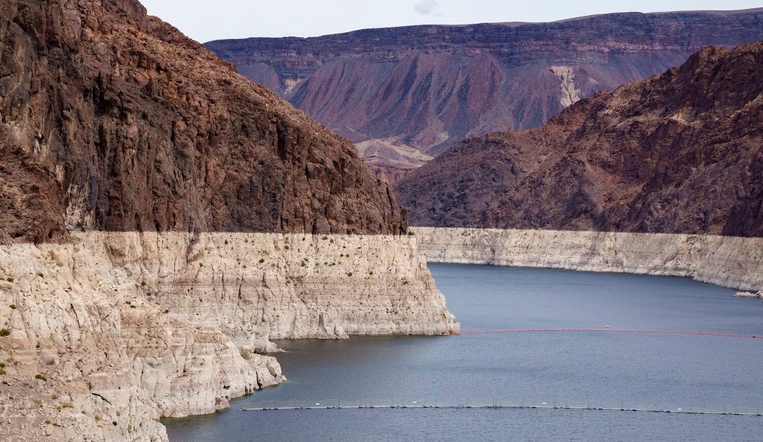 A view of Lake Mead shows a bathtub ring where water levels previously sat.