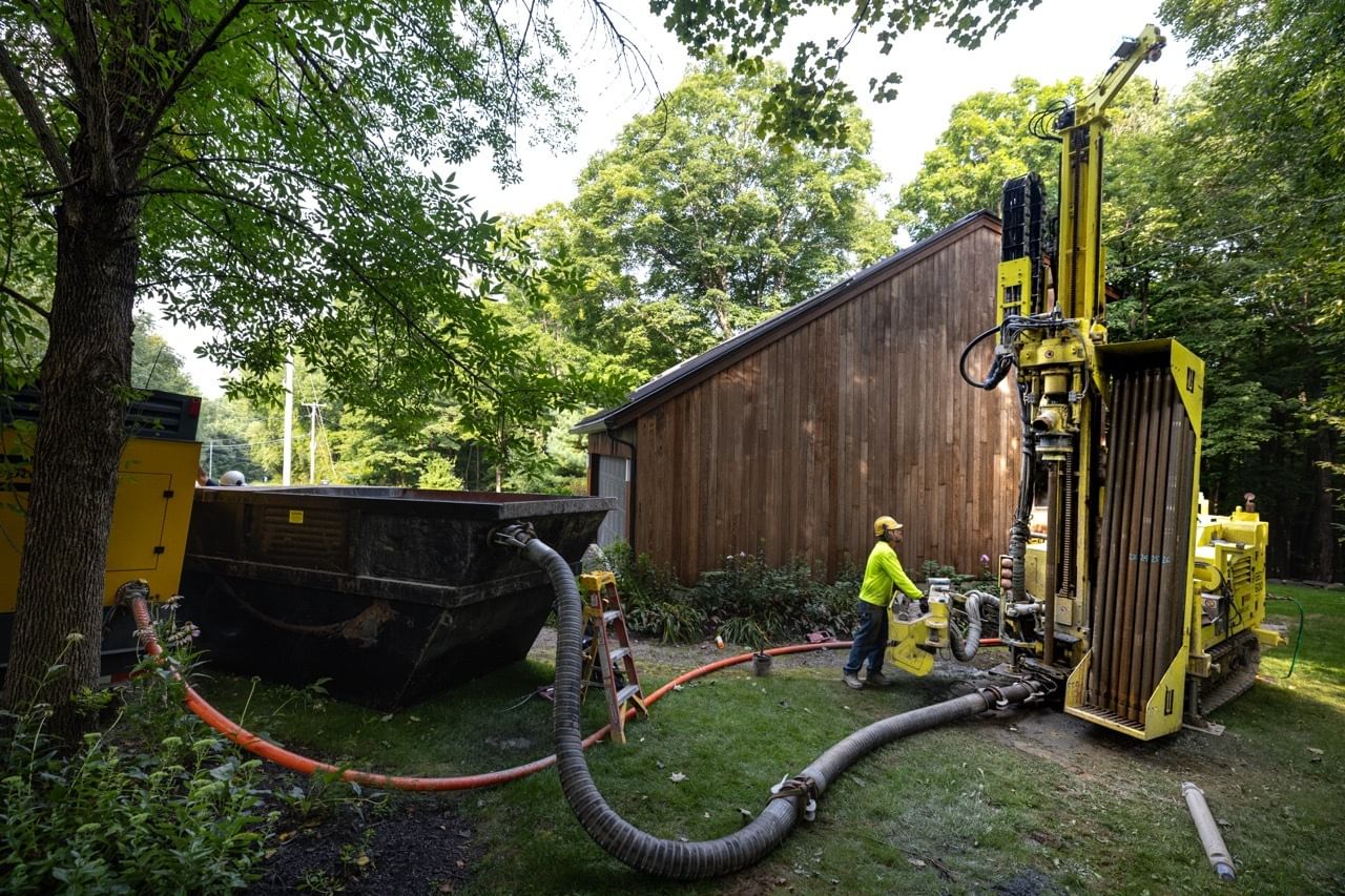 Dandelion Energy drilling a borehole for a geothermal heat pump at a New York state home in the autumn of 2024.