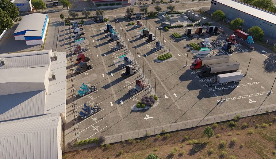 An artist’s rendering of a truck-charging depot being built by San Francisco-based startup EV Realty’in San Bernardino