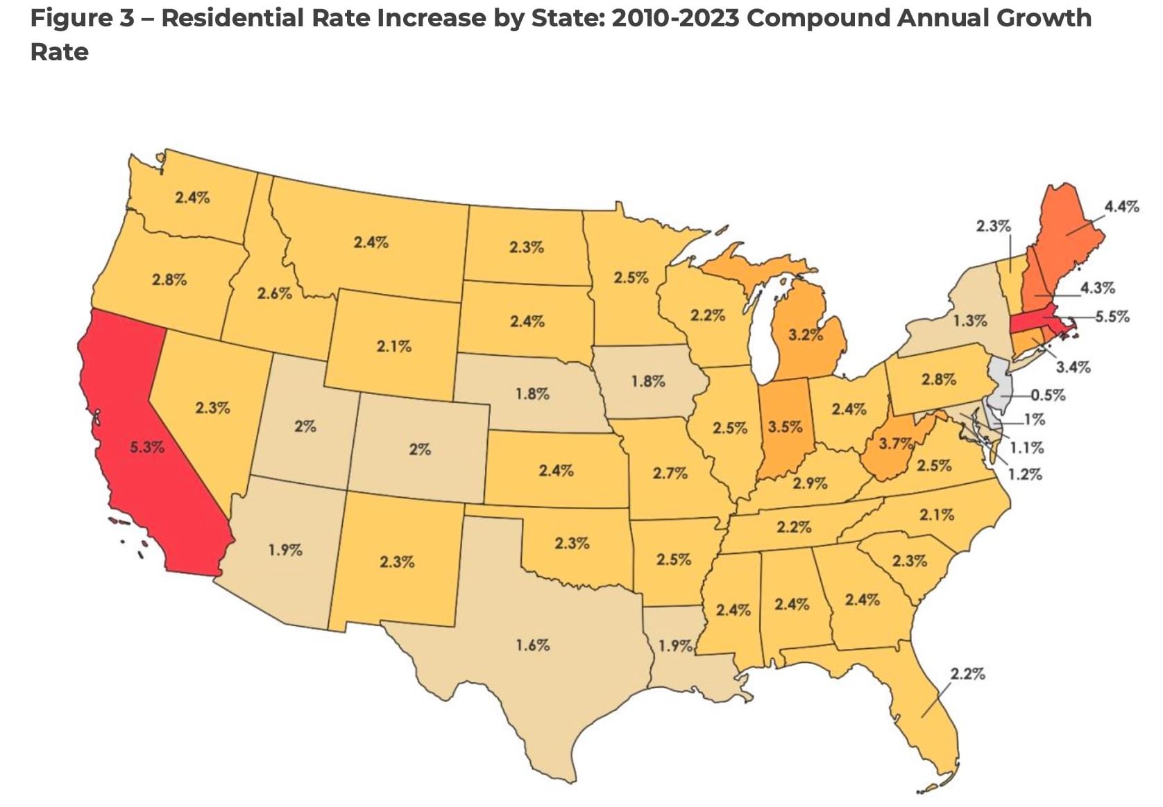 Map of U.S. states with average annual residential utility rate increase from 2010 to 2023