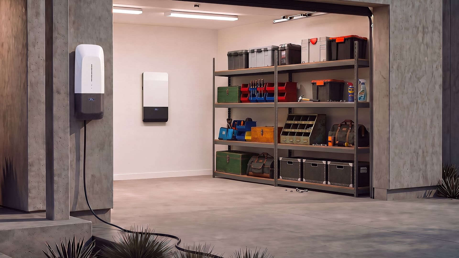 Rendering of an open garage with storage shelves and a charger and charging panel