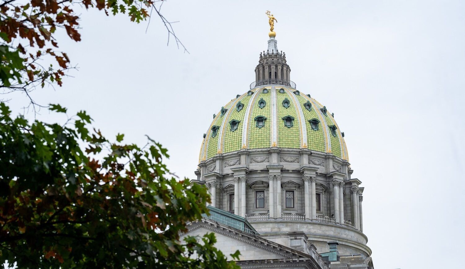 A domed building with a golden figurine on top is pictured against a cloudy sky. Tree leaves frame the left side of the pic