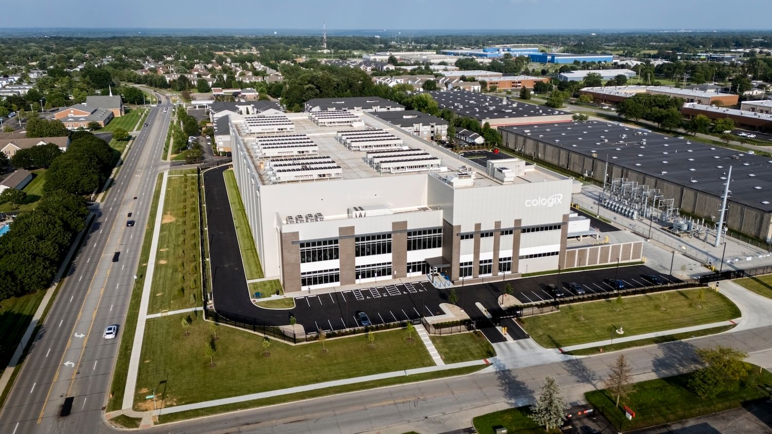 Aerial shot of computing warehouse