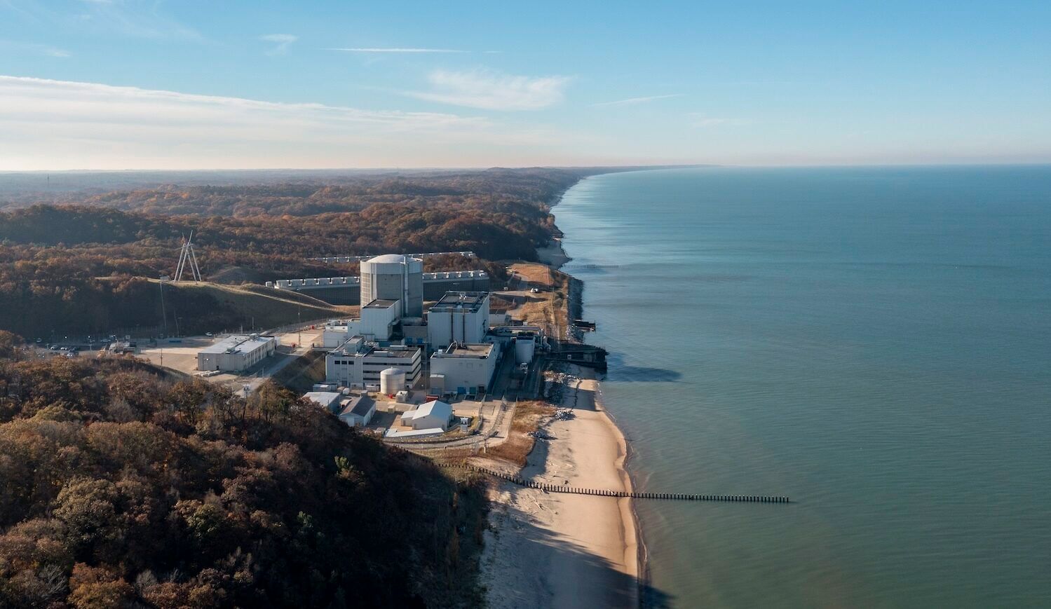 Overhead shot of nuclear plant on the western shore of a lake