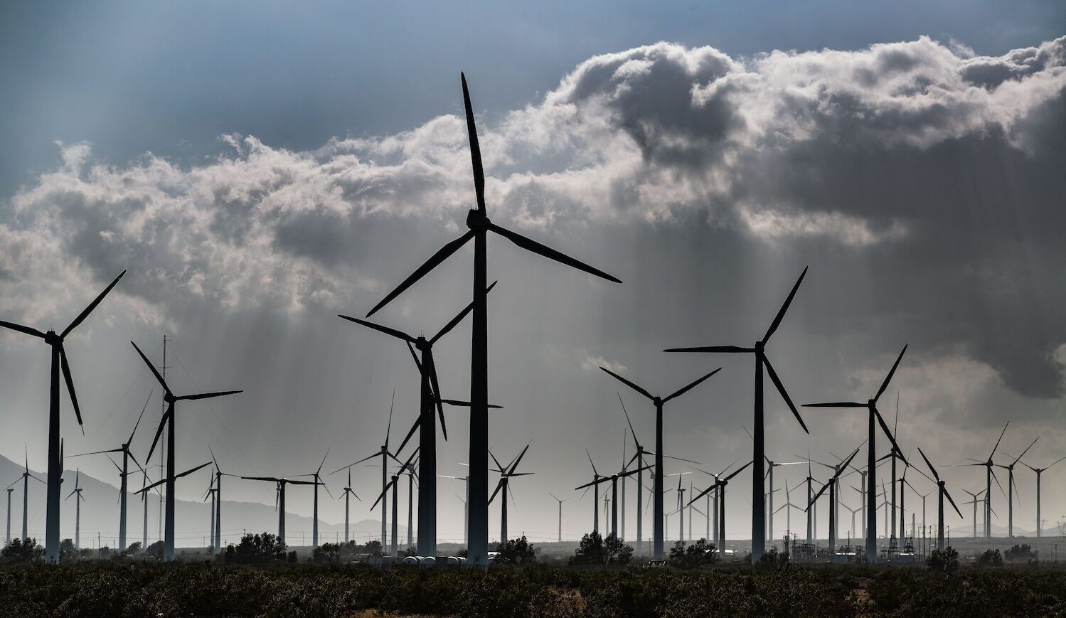 Dozens of wind turbines in the desert lit under dramatic clouds with a strip of blue sky