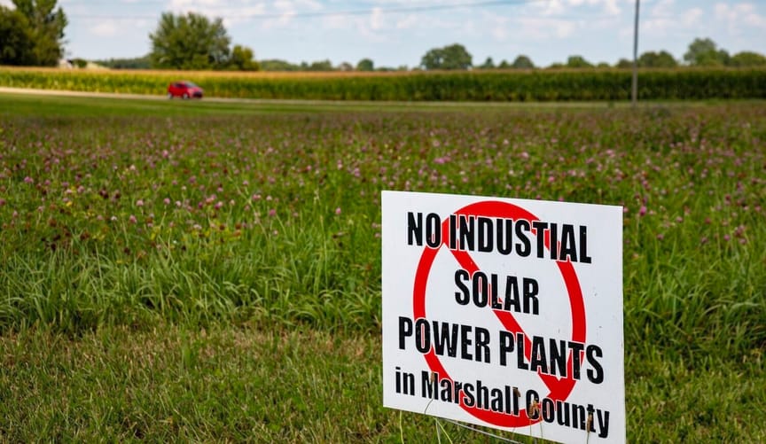 Sign reading "No industrial solar plants in Marshall County" on a grassy lot with a cloudy blue sky in the distance