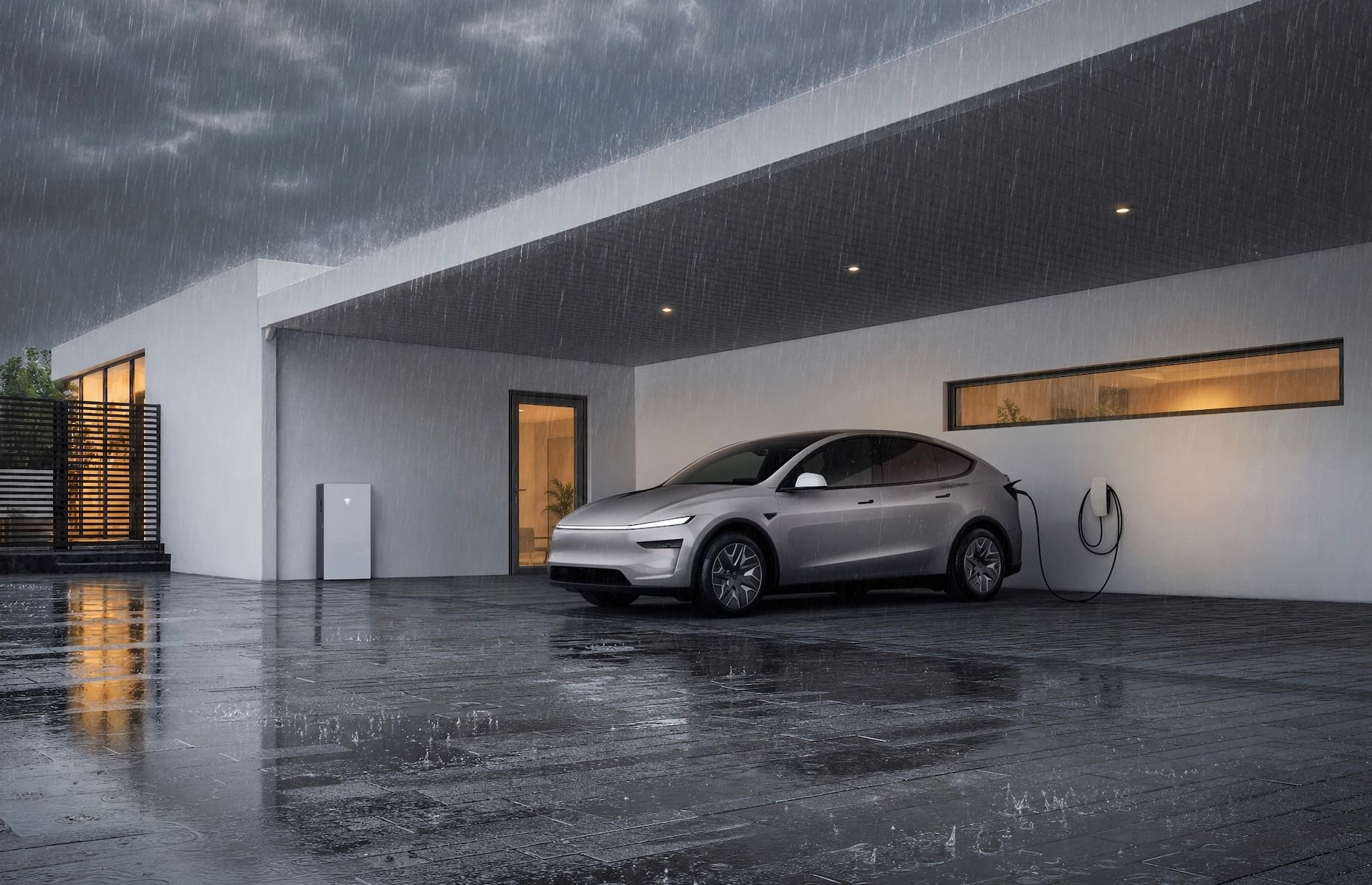 Gray car plugged into a charger under a gray roof overhang in the rain