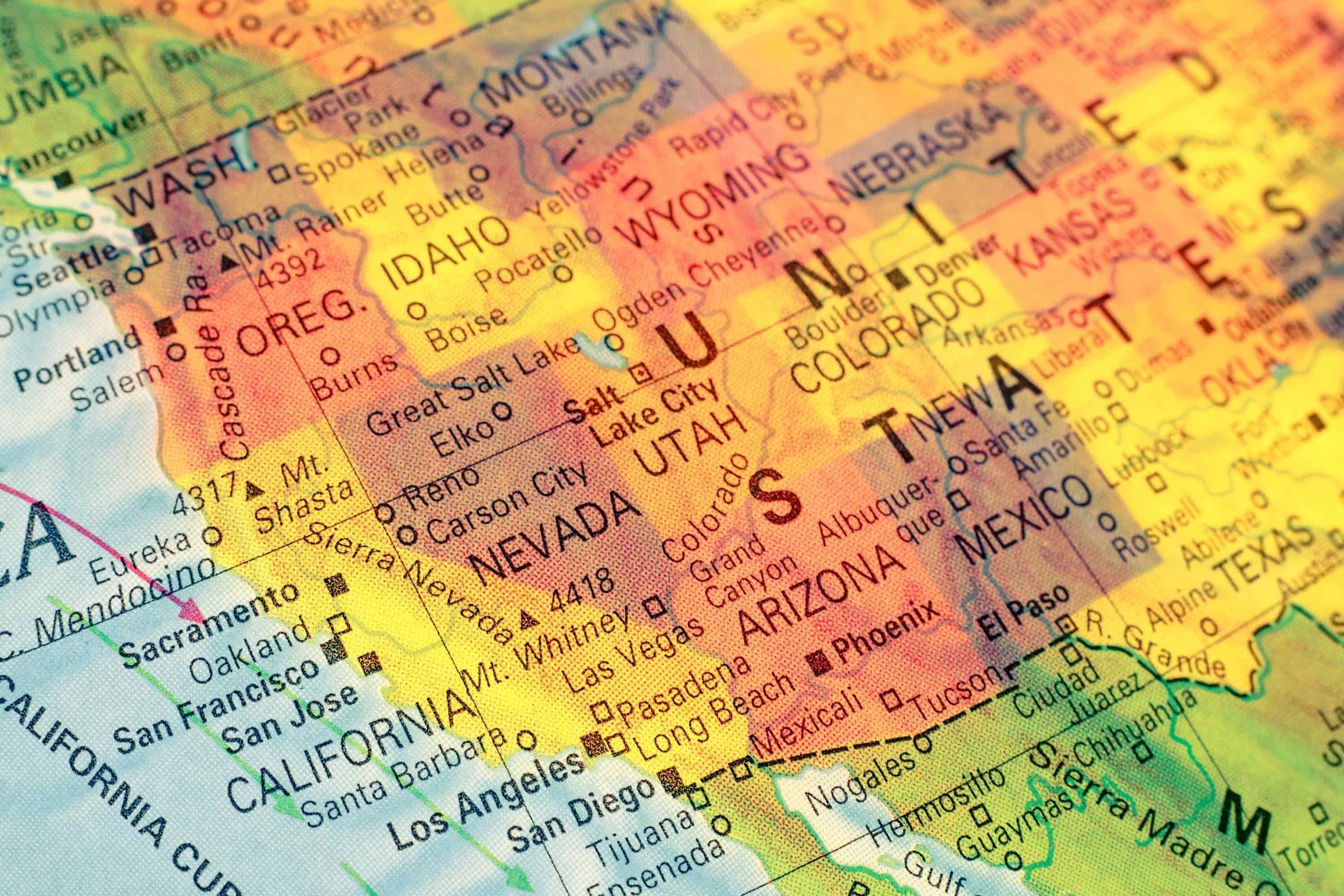 Close-up macro image of map North West America. Selective focus