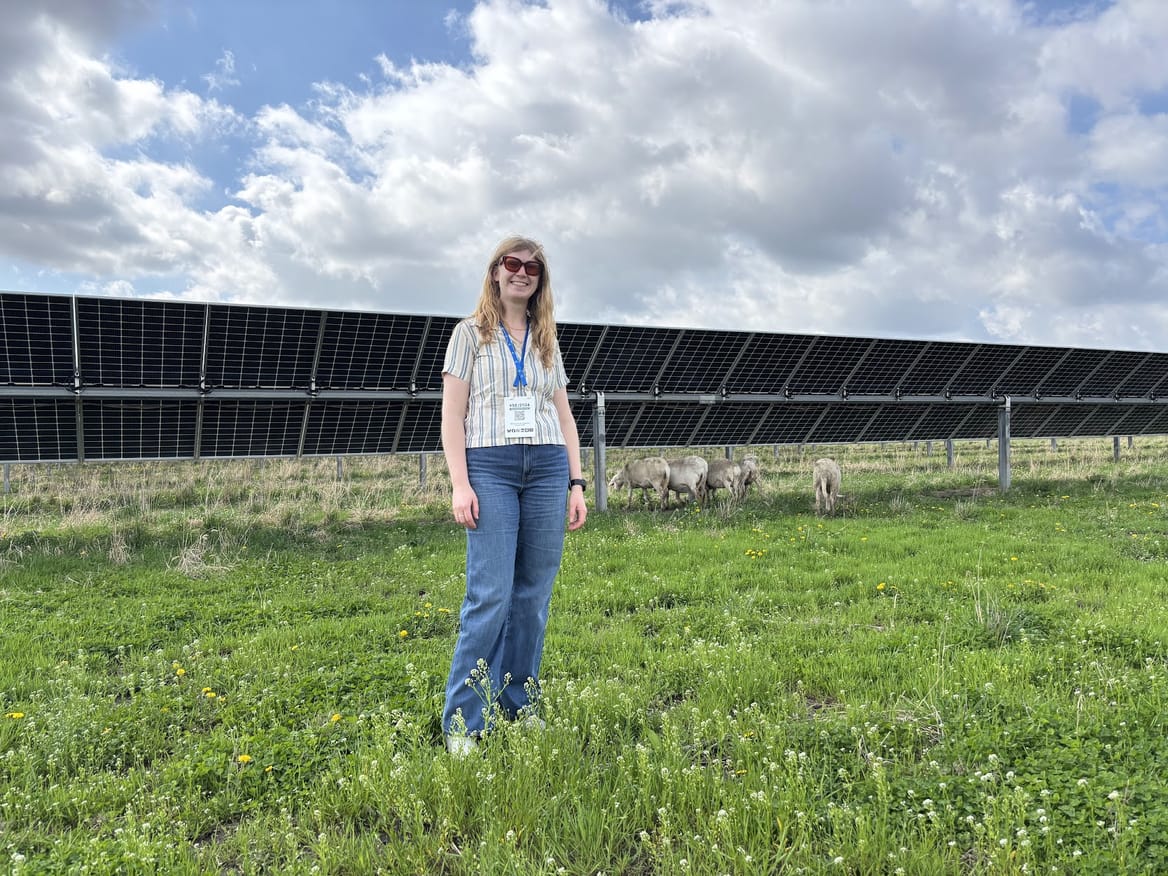 Woman standing in a field next to solar panels under a cloudy blue sky