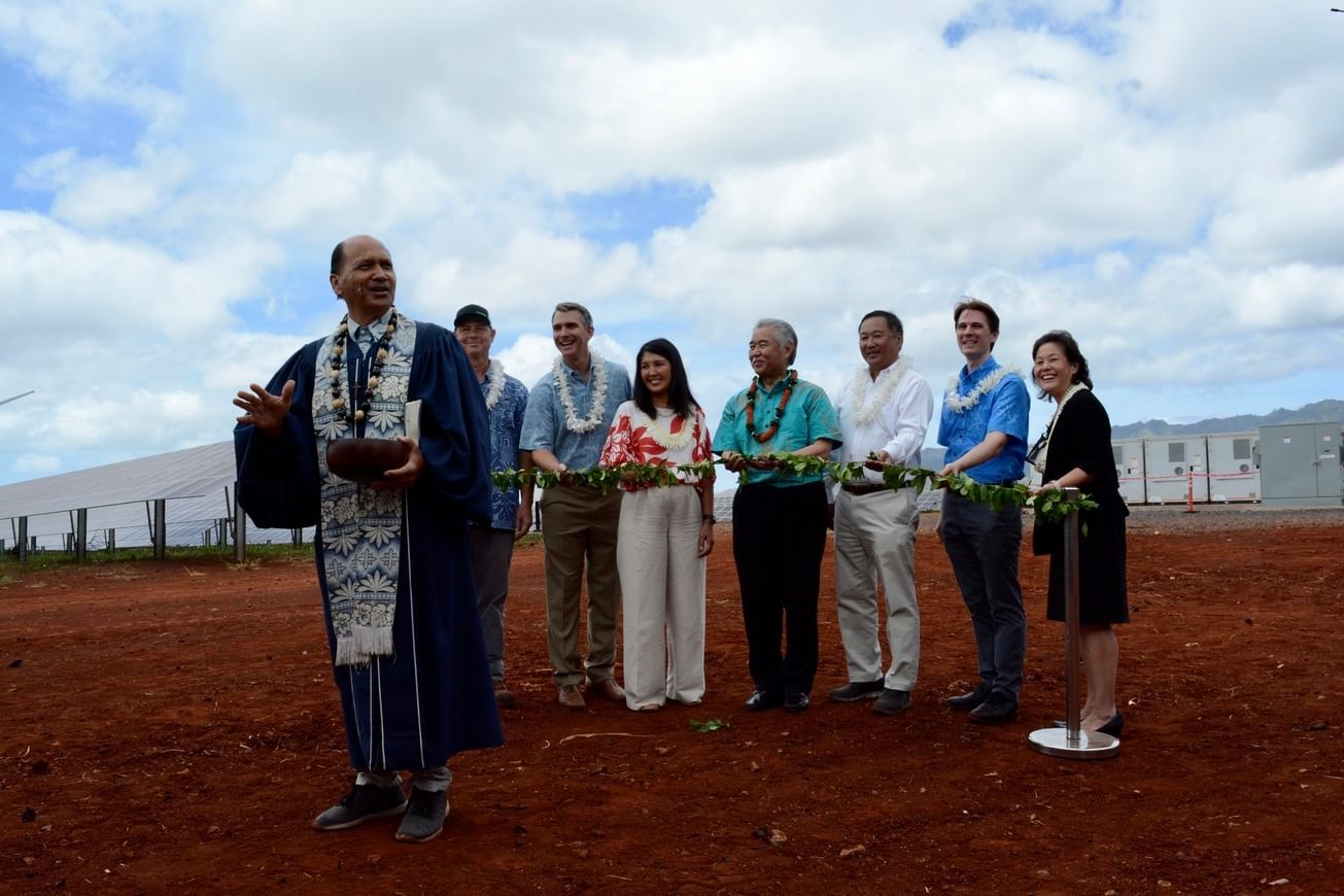 A group of people at an opening ceremony at a solar-plus-storage facility in Hawaii